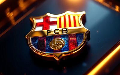 3d logo des fc barcelona aus metall, 4k, blauer hintergrund, 3d emblem des fc barcelona, goldene linien, spanien, barcelona 3d logo, fc barcelona, la liga, fc barcelona logo, fußball, barcelona logo, barcelona