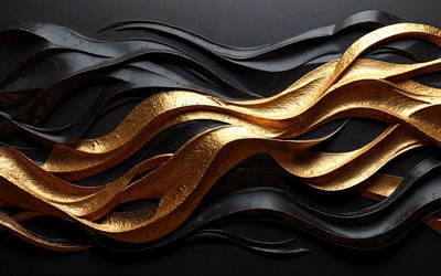 sfondo di linee 3d nere e dorate, sfondo di lusso, sfondo di linee 3d in pietra, sfondo di onde d'oro, sfondo nero con onde dorate