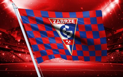 4k, Gornik Zabrze logo, Polish football club, stadium flag, Gornik Zabrze fans flag, red blue flag, Gornik Zabrze emblem, Ekstraklasa, Poland, football, Gornik Zabrze