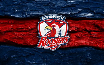 holzlogo der sydney roosters, 4k, blau roter holzhintergrund, nrl, rugby, logo der sydney roosters, sydney roosters emblem, australisches rugby team, sydney roosters