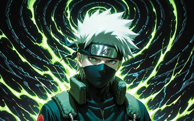 4k, kakashi hatake, nacht, grüne feuerringe, naruto, sharingan, kunstwerk, hatake kakashi, manga, naruto charaktere, kakashi hatake naruto