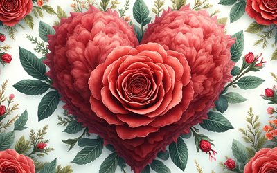 وردة حمراء, 4k, قلب الأزهار, مبدع, فن الأزهار, قلب الزهور, ترتيب الزهور, مفاهيم الحب, قلوب, قلب الورد الأحمر, الورود