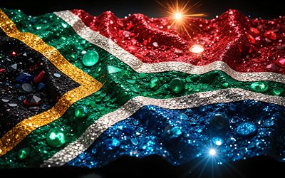 दक्षिण अफ़्रीकी झंडा, 4k, रत्न शामिल हैं, दक्षिण अफ़्रीका का झंडा, हीरे, चमकदार पत्थर, दक्षिण अफ़्रीका, रचनात्मक कला, नीले रत्न, लाल हरे क्रिस्टल