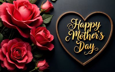 4k, hyvää äitienpäivää, taideteos, kultainen sydän, onnittelukortti, musta tausta, hyvää äitienpäivää käsitteet, punaisia ​​ruusuja, kalligrafiset kirjaimet, hyvää äitienpäivää kirjoitus