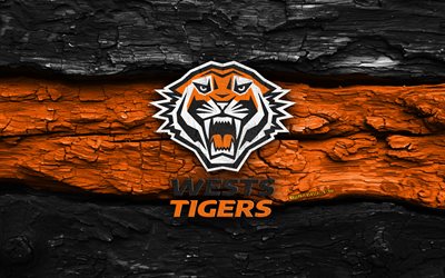 holzlogo der wests tigers, 4k, schwarz orangefarbener holzhintergrund, nrl, rugby, wests tigers logo, wests tigers emblem, australisches rugby team, wests tigers