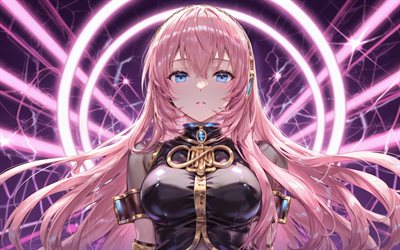 4k, megurine luka, violetit neonsormukset, luova, cv03, vocaloid, vaaleanpunainen tähti, vaaleanpunaiset hiukset, vocaloid 03, abstrakti taide, lauluhahmosarja, luka megurine, vocaloid hahmot, megurine luka vocaloid