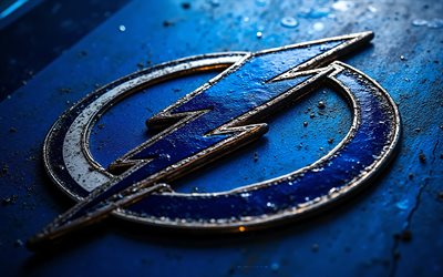 Tampa Bay Lightning metal logo, 4k, blue metal background, NHL, Tampa Bay Lightning logo, Tampa Bay Lightning emblem, USA, Tampa Bay Lightning, hockey