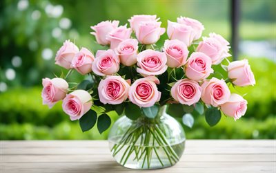 4k, vaaleanpunaiset ruusut, bokeh, puutarha, lasi maljakko, ruusukimppu, kauniita kukkia, tausta ruusuilla, vaaleanpunaiset kukat, ruusut