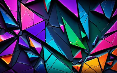 4k, bunte figuren, kreativ, geometrische formen, bunte 3d fragmente, fragmentiertes geometrisches muster, kunstwerk, bunter 3d hintergrund, bunter abstrakter hintergrund, formen, 3d hintergründe