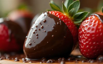 fresas cubiertas de chocolate, 4k, frutas, bayas, chocolate, fresas, fruta cubierta de chocolate, fresas maduras