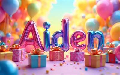 4k, aiden, värikkäitä ilmapalloja kirjaimia, aiden nimi, luova, aidenin syntymäpäivä, suosittuja amerikkalaisia ​​miesten nimiä, värikäs tausta, hyvää syntymäpäivää aiden, kuva aiden nimellä, aiden hyvää syntymäpäivää