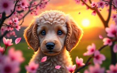 4k, pudelwelpe, sonnenuntergang, frühling, kirschblüte, hunde, süße tiere, welpen, haustiere, pudel, bokeh, frühlingsblumen, pudelhund