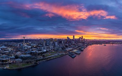 seattle, panorama, weltraumnadel, stadtbild von seattle, wolkenkratzer in seattle, skyline von seattle, abend, sonnenuntergang, washington, usa