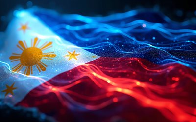 4k, filipinler parlayan bayrak, bokeh, filipinler bayrağı, filipinler günü, 3 boyutlu sanat, filipinler neon bayrağı, neon dalgalar filipinler bayrağı, filipinler 3d bayrağı, filipinler soyut bayrağı, filipinler