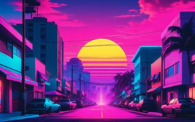 抽象的な都市景観, 4k, 車, 通り, レトロウェーブアート, 抽象的な太陽, フューチャーシンセ, クリエイティブ, レトロウェーブ, 抽象的な都市景観の背景, レトロウェーブの街並み