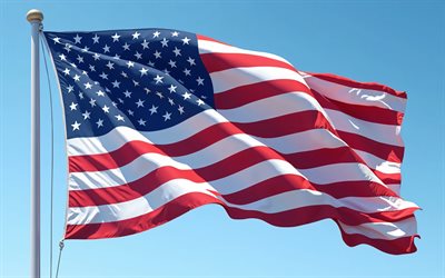 usa:s flagga, 4k, amerikansk flagga på en flaggstång, usa, blå himmel, fjärde juli, 4 juli, usa flagga, amerikanska flaggan