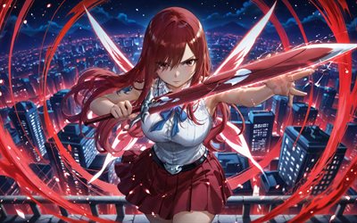 4k, エルザ・スカーレット, 剣, 赤いリング, フェアリーテイル, 街並み, マンガ, アニメのキャラクター, 鳥居, フェアリーテイルの登場人物, 戦士, エルザ・スカーレット フェアリーテイル