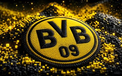 logo en tissu du borussia dortmund, 4k, fond 3d jaune noir, bundesliga, football, logo du borussia dortmund, bokeh, emblème du borussia dortmund, borussia dortmund, club de football allemand, bvb