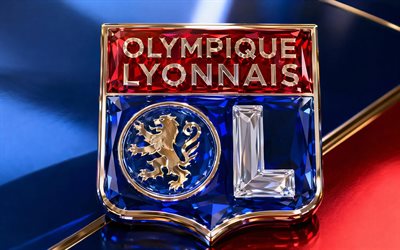 olympique lyonnais glaslogo, blauer hintergrund, glasemblem von olympique lyonnais, olympique lyonnais logo, olympique lyonnais schild, ligue 1, frankreich, fußball, olympique lyonnais