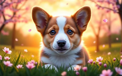 4k, welsh corgi pembroke welpe, sonnenuntergang, frühling, kirschblüte, hunde, süße tiere, welpen, haustiere, walisischer corgi pembroke, bokeh, corgi, frühlingsblumen, welsh corgi pembroke dog