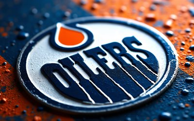 edmonton oilers metal logosu, 4k, turuncu metal arka plan, nhl, edmonton oilers logosu, metal sanatı, edmonton oilers amblemi, amerika, edmonton yağlayıcılar, hokey