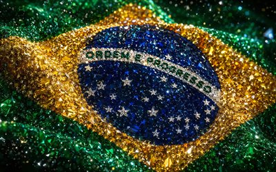 ब्राजील का झंडा, 4k, हीरे, ब्राज़ील का झंडा, ऑर्डेम ई प्रोग्रेसो, ब्राजीलियाई हीरे का झंडा, क्रिस्टल, चमकदार हरे पत्थर, ब्राज़िल, रचनात्मक कला, हरे रत्न, नीले पीले हरे क्रिस्टल