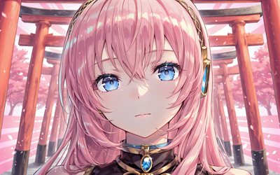 4k, megurine luka, torii portit, kevät, cv03, vocaloid, kirsikankukka, vaaleanpunainen tähti, vaaleanpunaiset hiukset, vocaloid 03, abstrakti taide, lauluhahmosarja, luka megurine, vocaloid hahmot, megurine luka vocaloid