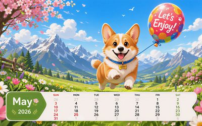 4k, 2026 maj kalender, tecknad konst, walesiska corgi pembroke, tecknat landskap, berg, maj 2026, vårens kalendrar, färgglad ballong, corgi, maj 2026 kalender, fjädra, maj kalendrar, 2026 kalendrar, maj
