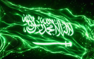 4k, leuchtende flagge saudi arabiens, bokeh, flagge von saudi arabien, tag von saudi arabien, saudi arabische flagge, neonflagge saudi arabiens, neonwellen saudi arabien flagge, abstrakte flagge saudi arabiens, saudi arabien