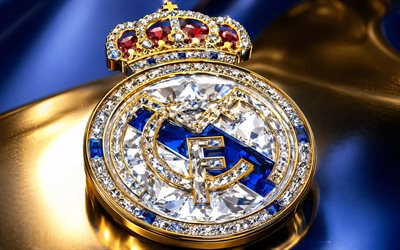 real madrid diamanten logo, blauer metallhintergrund, real madrid emblem, real madrid logo, edelsteine, kristallschild von real madrid, la liga, spanien, fußball, real madrid, real madrid cf logo, real madrid cf