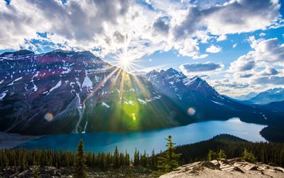 Peyto Lake, mountains, clouds, bright sun, forest, Banff National Park, summer, Alberta, Canada