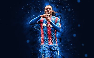eberechi eze, 4k, mavi neon işıklar, kristal saray, premier lig, ingiliz futbolcular, eberechi eze 4k, futbol, crystal palace fc, eberechi eze kristal sarayı