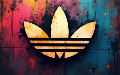 Adidas grunge logo, 4k, fashion brands, colorful grunge backgrounds, creative, brands, Adidas abstract logo, Adidas logo, Adidas