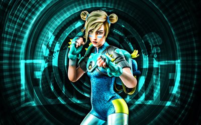 moxie fortnite, 4k, fond en spirale turquoise, fortnite, créatif, peau de moxie, peau de moxie de fortnite, moxie, personnages fortnite