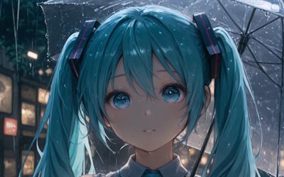 4k, hatsune miku, piovere, vocaloide, arte astratta, capelli blu, miku hatsune, cv01, ombrello, personaggi vocaloidi, hatsune miku vocaloid