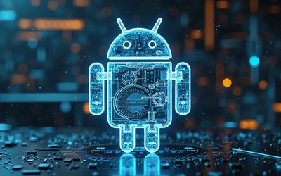 android  logo, 4k, tumma hi tech tausta, android neon  logo, sininen neonvalo, röntgenkuva, android  tunnus, android 3d  logo, androidi, sininen android neon  logo