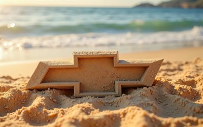 シボレーのロゴ, 4k, 夏, 砂で作られたシボレーのロゴ, ビーチ, 3dシボレーロゴ, 砂, シボレーエンブレム, シボレー