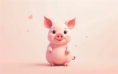 maialino da cartone animato, 4k, minimo, sfondi rosa, animali 3d di cartoni animati, maiale da cartone animato, minimalismo di maialino, maialino, maialini 3d, maialini da cartone animato