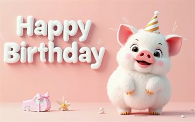 buon compleanno, 4k, maialino bianco soffice, happy birthday 3d incrition, maialino soffice bianco da cartone animato 3d, buon compleanno auguri, concetti di buon compleanno