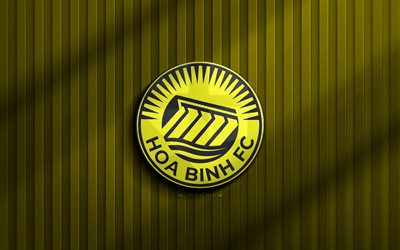 4k, logo 3d hoa binh fc, v league 2, sfondo 3d giallo, calcio, emblema hoa binh fc, logo hoa binh fc, hoa binh fc, club di calcio vietnamita, fc hoa binh