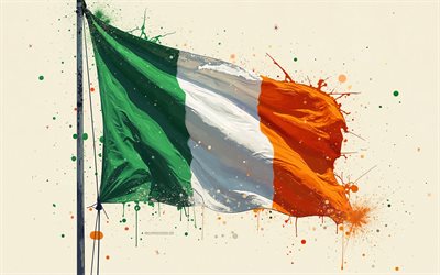 ирландский флаг, 4к, irland flag auf dem fahnenmast, irische lackspritzer flagge, grunge  kunst, irland flag, irland, flagge von irland