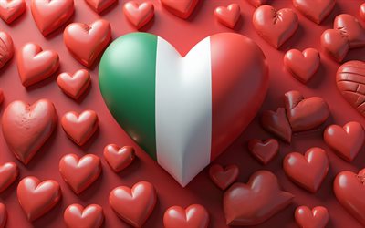 ich liebe italien, 4k, roter 3d  hintergrund, kreativ, tag italiens, flagge italiens, 3d  kunst, herz mit italienischer flagge, 3d  herzen, irische flagge, italien, liebe zu italien