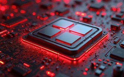 logo 3d windows 11, 4k, microsoft, puce windows 11, carte mère, néons rouges, logo windows 11, logo microsoft, contexte technologique, logo windows