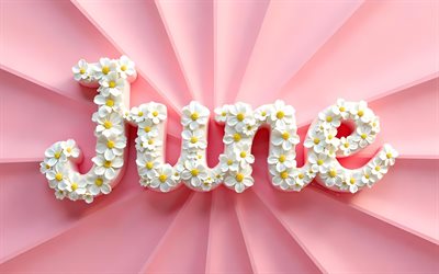 June, 4k, white floral letters, creative, pink abstract background, June concepts, names of months, June inscription, June word, background with June