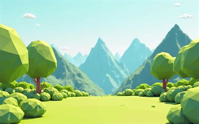 4k, polygon 3d  sommerlandschaft, polygongrüne bäume, polygonlandschaft, sommer, 3d  bäume, 3d  berge