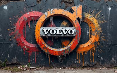 4k, volvo  logotyp, graffiti på väggen, grunge konst, kreativ grunge konst, volvo graffiti, vulvo