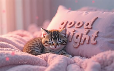 おやすみ4k, かわいい小さな背景, おやすみなさい3d碑文枕, 少しかわいい子猫を眠らせます, おやすみなさい, ピンクの背景