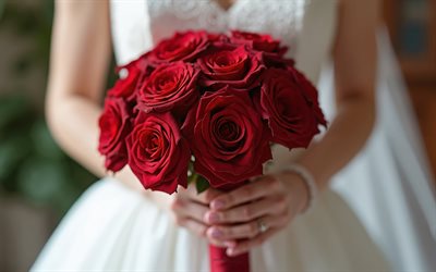 rote rosen in brauthänden, brautstrauß, rote rosen bouquet, hochzeitskonzepte, braut mit blumenstrauß, brautstrauß roter rosen, hochzeitsstrauß