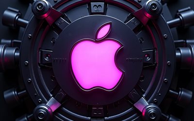 logo au néon apple purple, 4k, macro, obscurité, arrière plans métalliques, marques, logo apple metal, néons violets, logo apple 3d, œuvres d'art, logo apple, pomme
