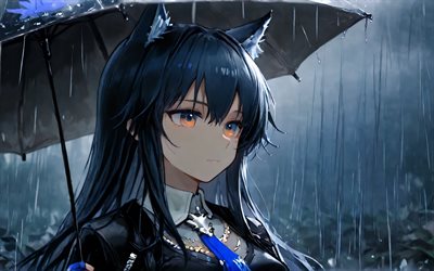 4k, Texas, rain, night, Arknights, anime characters, umbrella, manga, Texas the Omertosa, Arknights characters, Texas Arknights